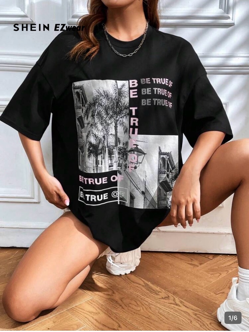 SHEIN EZ-Wear Black Graphic Tee with Pink Lettering